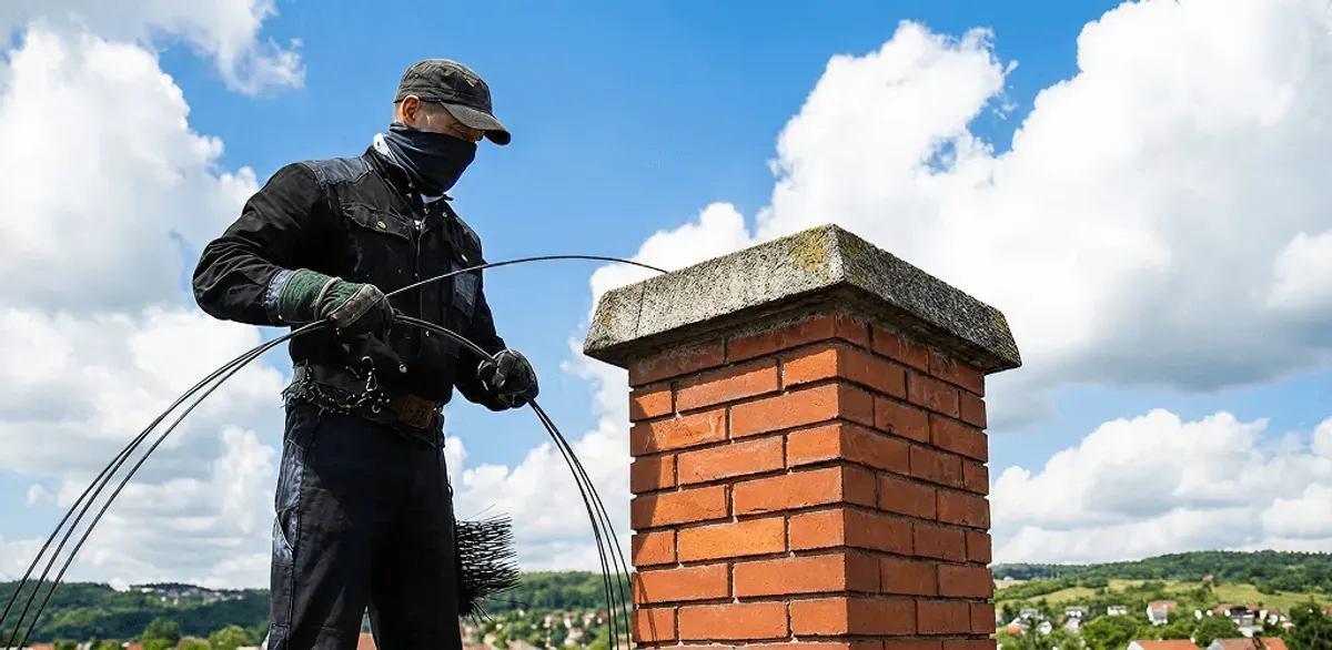 Chimney sweep cleaning a brick chimney with professional tools in Little Rock, AR